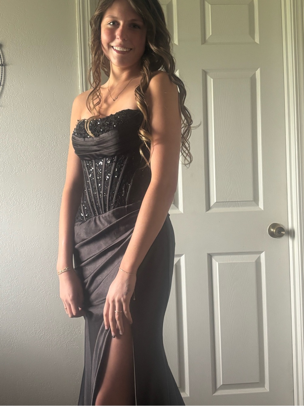 Sherri Hill Black Beaded Backless Evening Gown with Thigh Slit - Picture 2 of 3